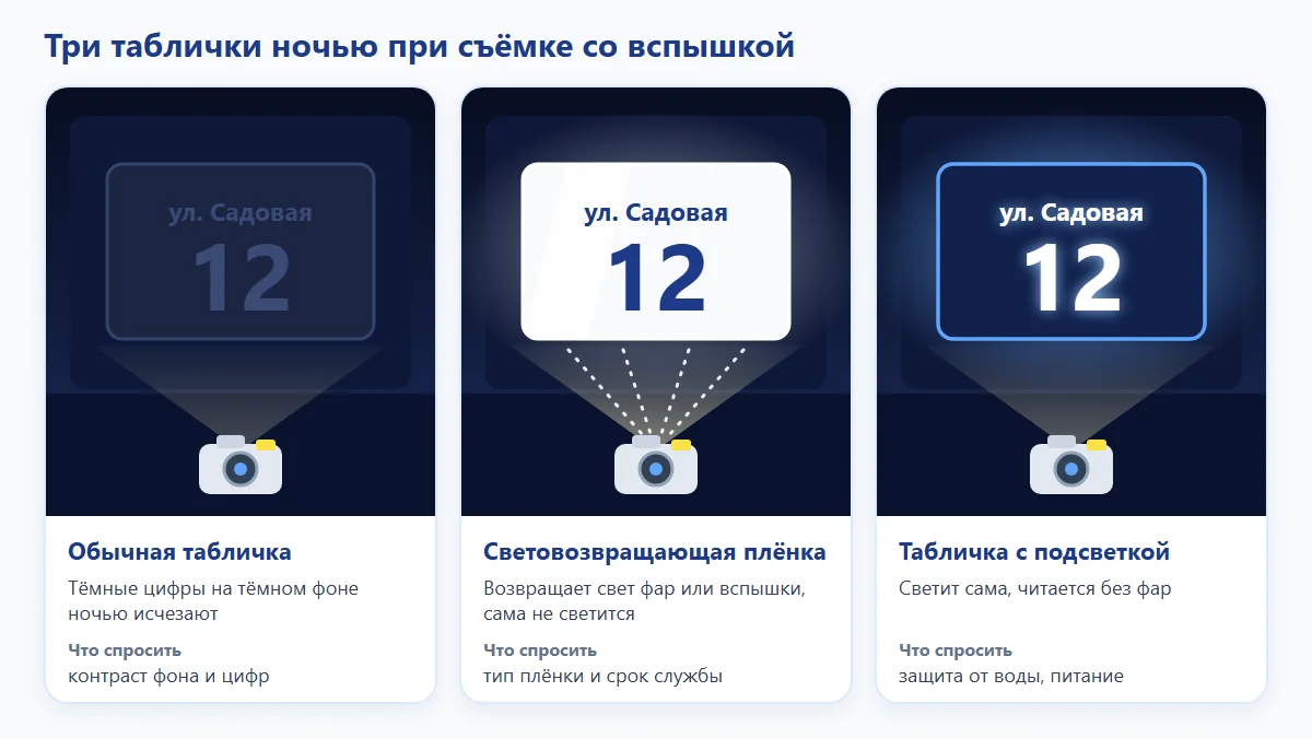 Схема: сравнение трёх адресных табличек ночью при съёмке со вспышкой