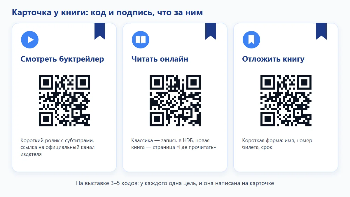 QR-код для закладки к книге: подпись «Смотреть буктрейлер» и варианты «Читать онлайн» и «Отложить книгу»