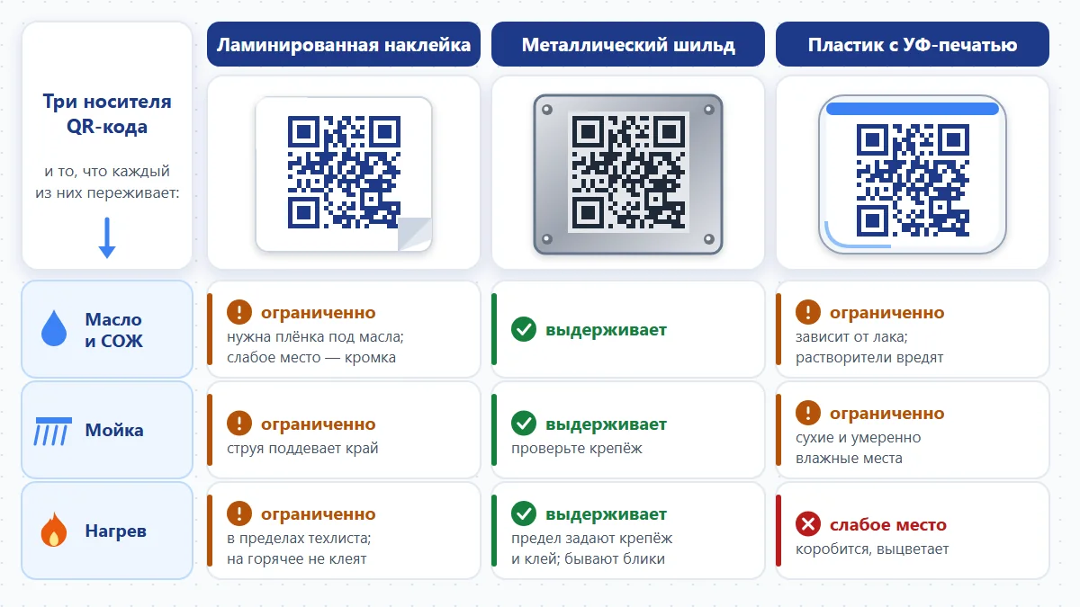 Схема: три носителя QR-кода для оборудования — ламинированная наклейка, металлический шильд и пластик с УФ-печатью